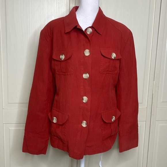 Dialogue Women’s Red Button Down Blazer Coat Size 16 Silk/Linen Shacket - Picture 1 of 9